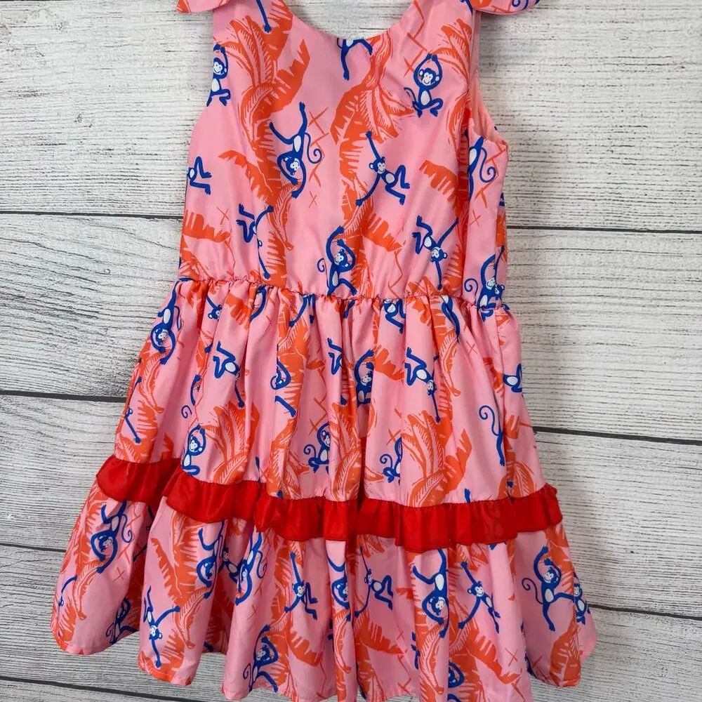 Peek Girl's Pink & Orange Monkey Printed Sleeveless Tiered Summer Dress Size 8
